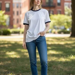 Port and Company White Tee with Navy Accents